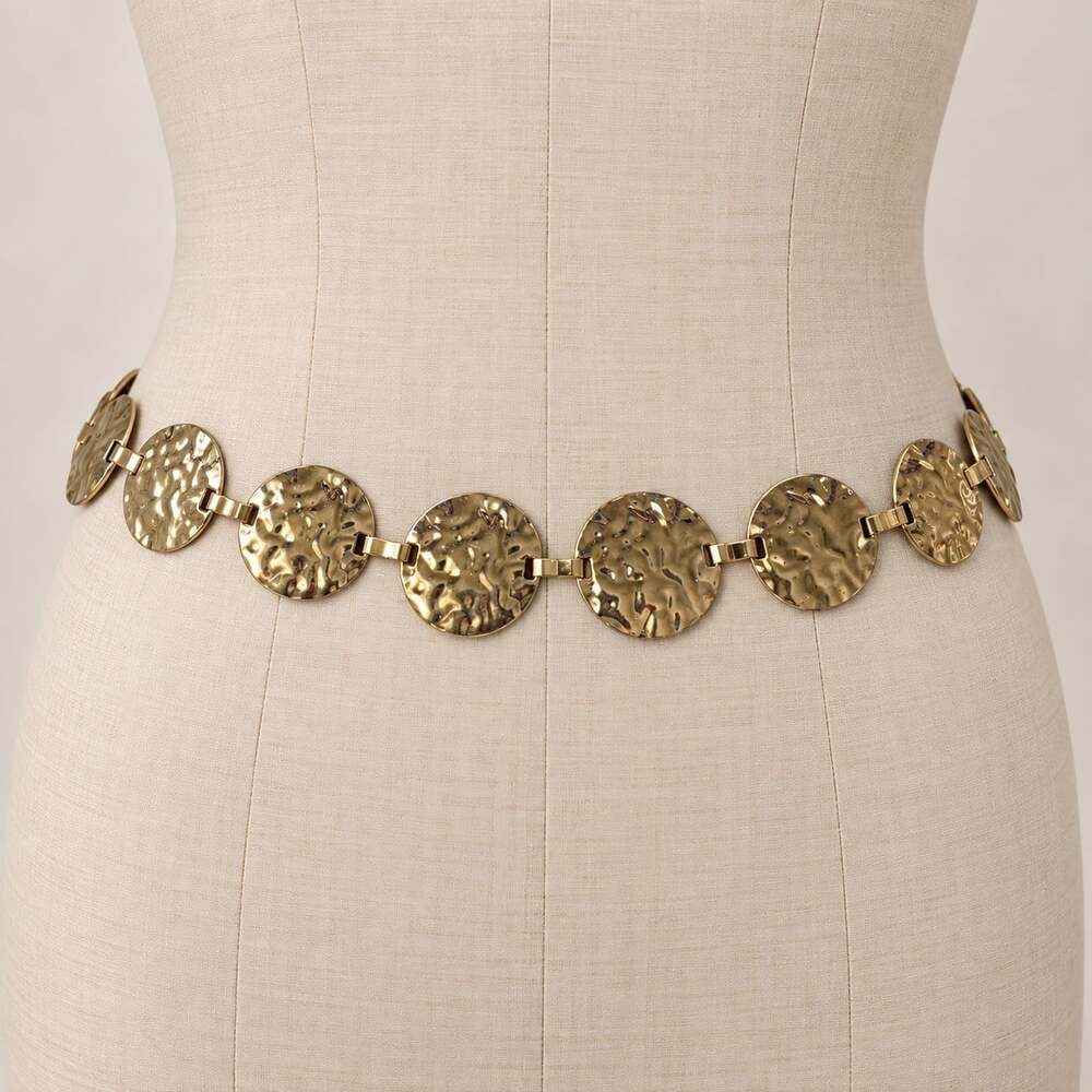 Vintage Y2K Gold Textured Disc Chain Belt Adjustable 48" Hammered Medallion